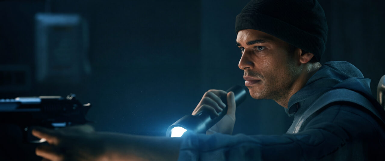 Previz scene with flashlight in dark environment