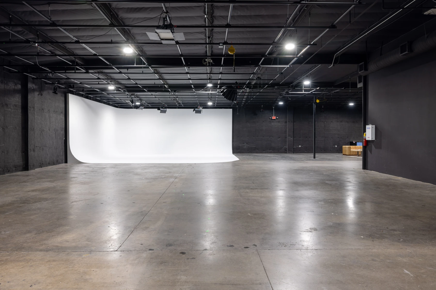 Wide view of production stage with cyc and gear area